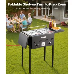 VEVOR Outdoor Propane Deep Fryer, Dual-Tank 8QTx2 Commercial Fryer, Stainless Steel Cooker with Foldable Platform, Dual Basket, and Heat Adjustment, Floor Standing Fryers for Restaurant Home Snack Bar