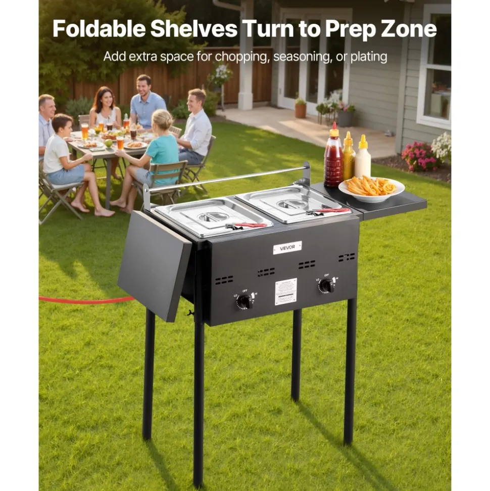 VEVOR Outdoor Propane Deep Fryer, Dual-Tank 8QTx2 Commercial Fryer, Stainless Steel Cooker with Foldable Platform, Dual Basket, and Heat Adjustment, Floor Standing Fryers for Restaurant Home Snack Bar