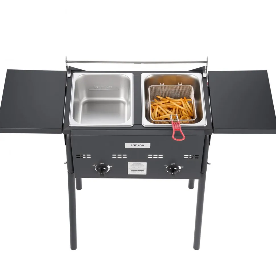 VEVOR Outdoor Propane Deep Fryer, Dual-Tank 8QTx2 Commercial Fryer, Stainless Steel Cooker with Foldable Platform, Dual Basket, and Heat Adjustment, Floor Standing Fryers for Restaurant Home Snack Bar