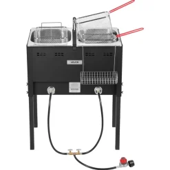 VEVOR Outdoor Propane Deep Fryer, Dual-Tank 16QTx2 Large Capacity Commercial Fryer, Stainless Steel Fish Cooker with 3 Basket, Thermometer, Floor Standing Fryers for Catering Event Camping, 50,000 BTU