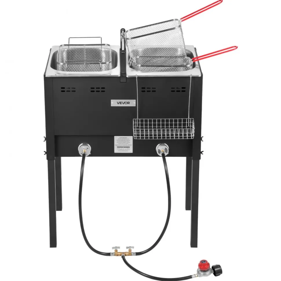 VEVOR Outdoor Propane Deep Fryer, Dual-Tank 16QTx2 Large Capacity Commercial Fryer, Stainless Steel Fish Cooker with 3 Basket, Thermometer, Floor Standing Fryers for Catering Event Camping, 50,000 BTU