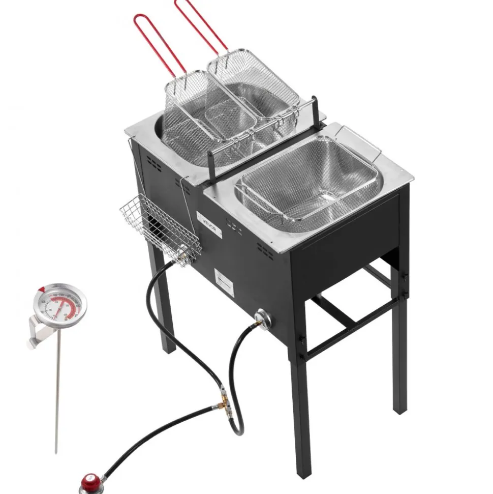 VEVOR Outdoor Propane Deep Fryer, Dual-Tank 16QTx2 Large Capacity Commercial Fryer, Stainless Steel Fish Cooker with 3 Basket, Thermometer, Floor Standing Fryers for Catering Event Camping, 50,000 BTU