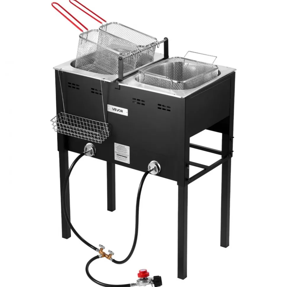 VEVOR Outdoor Propane Deep Fryer, Dual-Tank 16QTx2 Large Capacity Commercial Fryer, Stainless Steel Fish Cooker with 3 Basket, Thermometer, Floor Standing Fryers for Catering Event Camping, 50,000 BTU