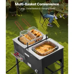 VEVOR Outdoor Propane Deep Fryer, Dual-Tank 16QTx2 Large Capacity Commercial Fryer, Stainless Steel Fish Cooker with 3 Basket, Thermometer, Floor Standing Fryers for Catering Event Camping, 50,000 BTU