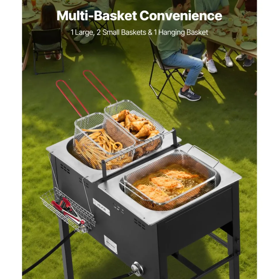 VEVOR Outdoor Propane Deep Fryer, Dual-Tank 16QTx2 Large Capacity Commercial Fryer, Stainless Steel Fish Cooker with 3 Basket, Thermometer, Floor Standing Fryers for Catering Event Camping, 50,000 BTU