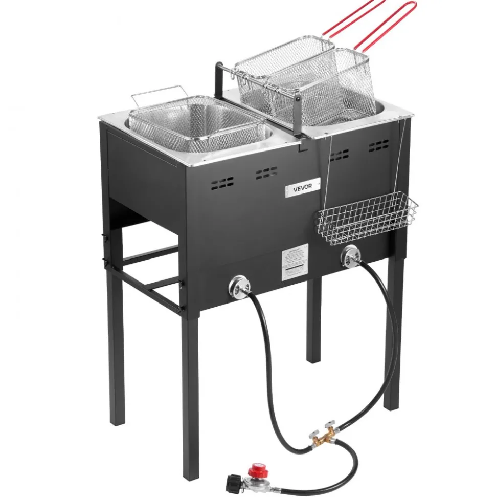 VEVOR Outdoor Propane Deep Fryer, Dual-Tank 16QTx2 Large Capacity Commercial Fryer, Stainless Steel Fish Cooker with 3 Basket, Thermometer, Floor Standing Fryers for Catering Event Camping, 50,000 BTU