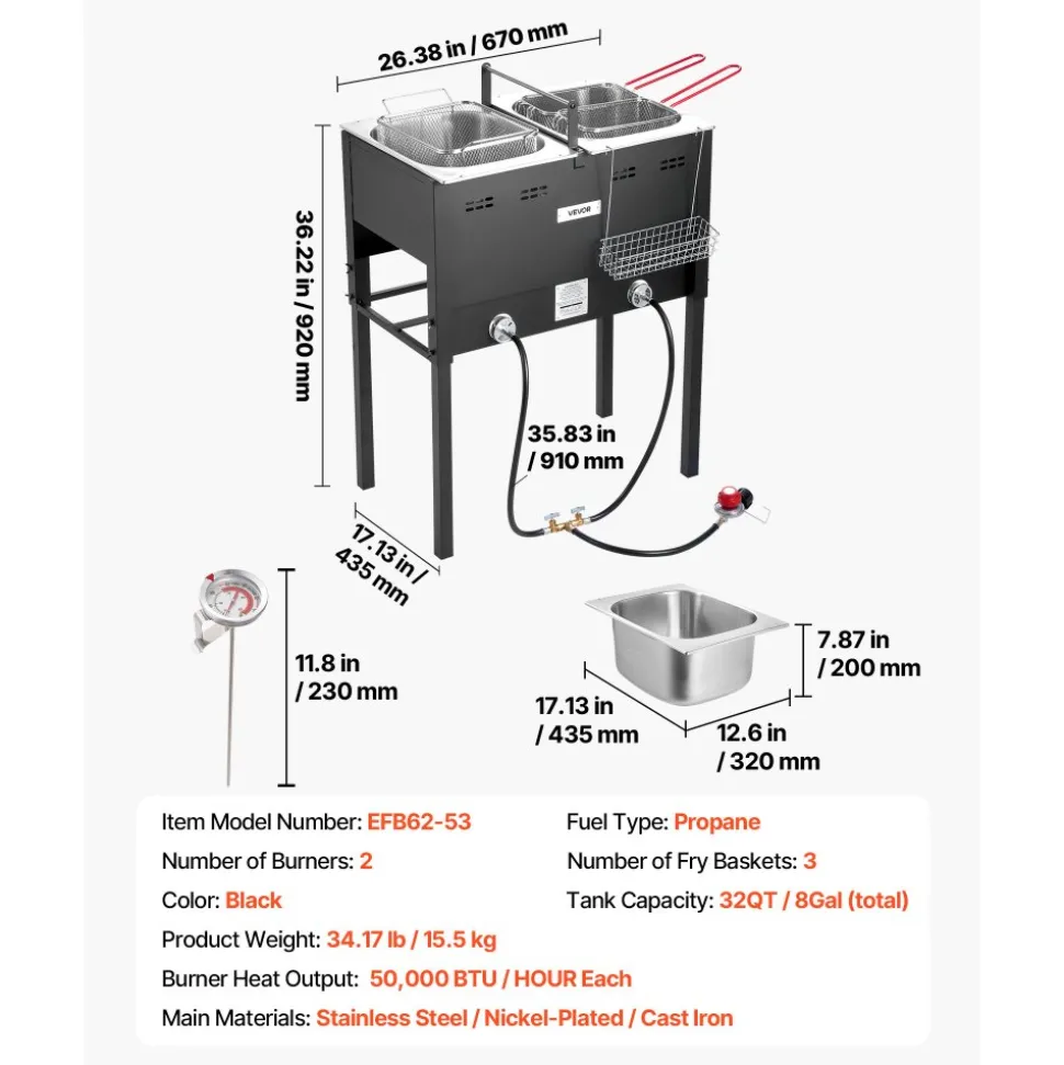 VEVOR Outdoor Propane Deep Fryer, Dual-Tank 16QTx2 Large Capacity Commercial Fryer, Stainless Steel Fish Cooker with 3 Basket, Thermometer, Floor Standing Fryers for Catering Event Camping, 50,000 BTU