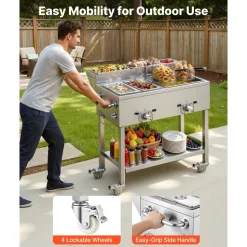 VEVOR Outdoor Propane Deep Fryer, 2 Burners (11,600 BTU Each), Commercial Fryer with Two 1/3 Size Food Warming Pans, Multi-Purpose Frying Cart with 4 Lockable Wheels, for Fried Chicken & Fries