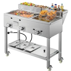 VEVOR Outdoor Propane Fryer & Griddle Combo, 3 Burners (11,600 BTU Each), Commercial Stainless Steel Frying Cart with Wheels, 2 Fryer Baskets & 3 Food Pans, for Hot Dogs, Fried Chicken, Fries, Meats