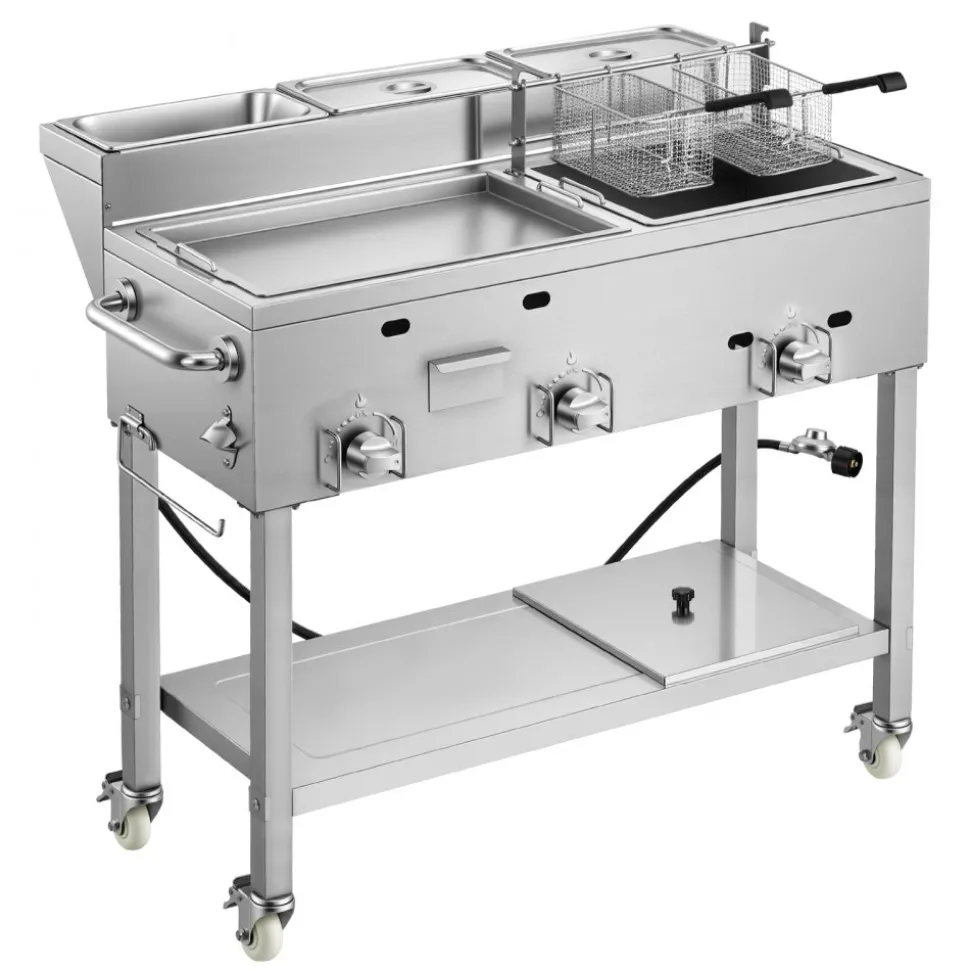 VEVOR Outdoor Propane Fryer & Griddle Combo, 3 Burners (11,600 BTU Each), Commercial Stainless Steel Frying Cart with Wheels, 2 Fryer Baskets & 3 Food Pans, for Hot Dogs, Fried Chicken, Fries, Meats