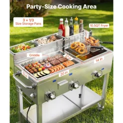 VEVOR Outdoor Propane Fryer & Griddle Combo, 3 Burners (11,600 BTU Each), Commercial Stainless Steel Frying Cart with Wheels, 2 Fryer Baskets & 3 Food Pans, for Hot Dogs, Fried Chicken, Fries, Meats