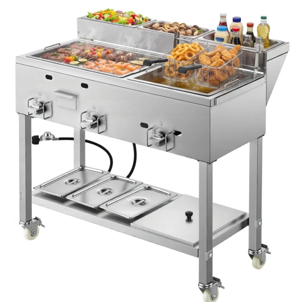 VEVOR Outdoor Propane Fryer & Griddle Combo, 3 Burners (11,600 BTU Each), Commercial Stainless Steel Frying Cart with Wheels, 2 Fryer Baskets & 3 Food Pans, for Hot Dogs, Fried Chicken, Fries, Meats
