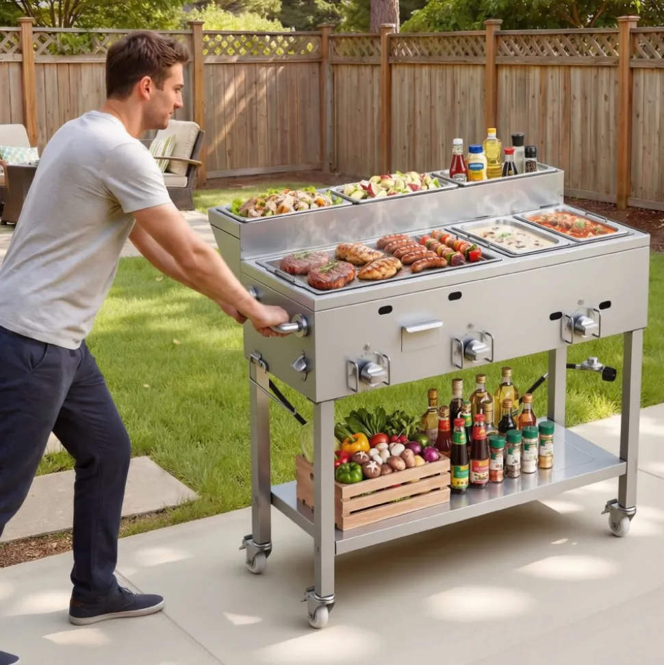 VEVOR Outdoor Propane Griddle, 3 Burners (11,600 BTU Each), Commercial Stainless Steel Griddle with Two 1/3 Size Food Warming Pans, Portable Cart with 4 Lockable Wheels, for Hot Dogs, Burgers & Meats