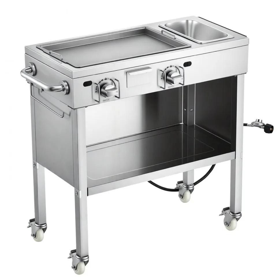 VEVOR Outdoor Propane Griddle, 2 Burners (11,600 BTU Each), Commercial Stainless Steel Gas Griddle Cart with 4 Lockable Wheels, 1/3 Food Pan, Easy-Grip Side Handle, Ideal for Hot Dogs, Burgers & Meats