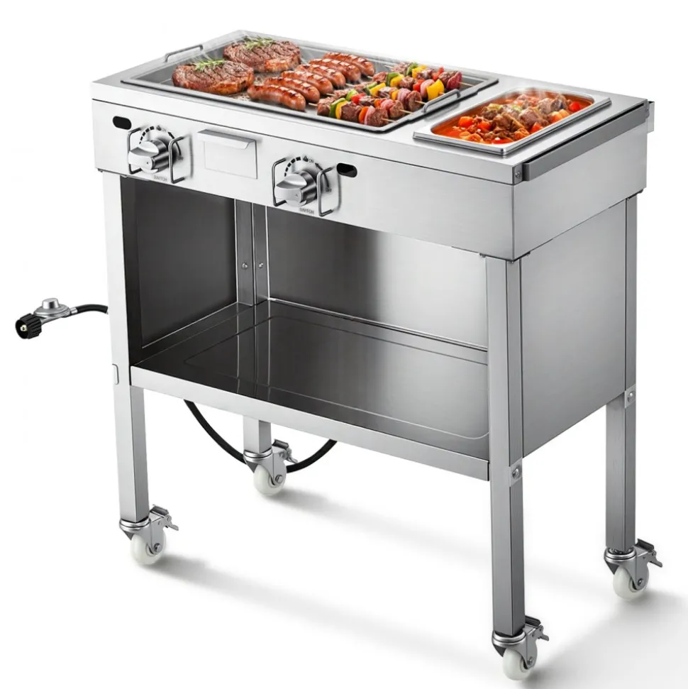 VEVOR Outdoor Propane Griddle, 2 Burners (11,600 BTU Each), Commercial Stainless Steel Gas Griddle Cart with 4 Lockable Wheels, 1/3 Food Pan, Easy-Grip Side Handle, Ideal for Hot Dogs, Burgers & Meats
