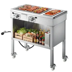 VEVOR Outdoor Propane Griddle, 2 Burners (11,600 BTU Each), Commercial Stainless Steel Gas Griddle Cart with 4 Lockable Wheels, 1/3 Food Pan, Easy-Grip Side Handle, Ideal for Hot Dogs, Burgers & Meats