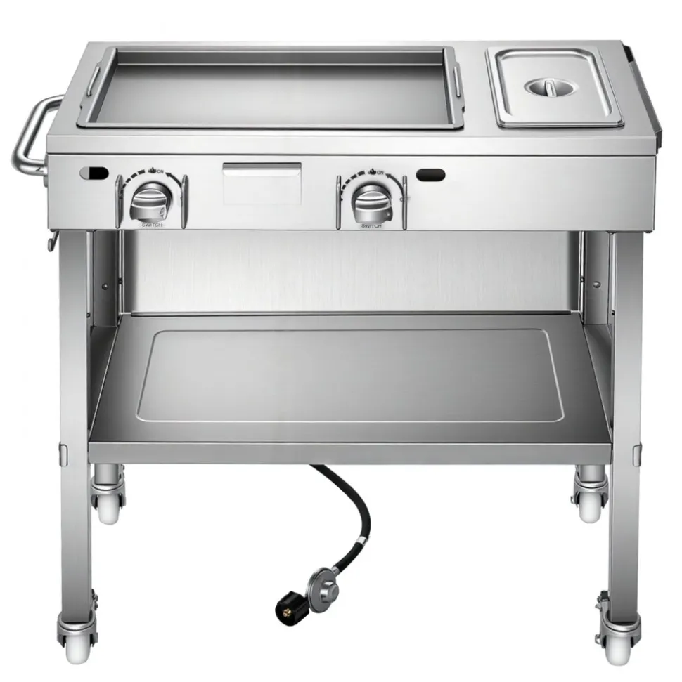VEVOR Outdoor Propane Griddle, 2 Burners (11,600 BTU Each), Commercial Stainless Steel Gas Griddle Cart with 4 Lockable Wheels, 1/3 Food Pan, Easy-Grip Side Handle, Ideal for Hot Dogs, Burgers & Meats