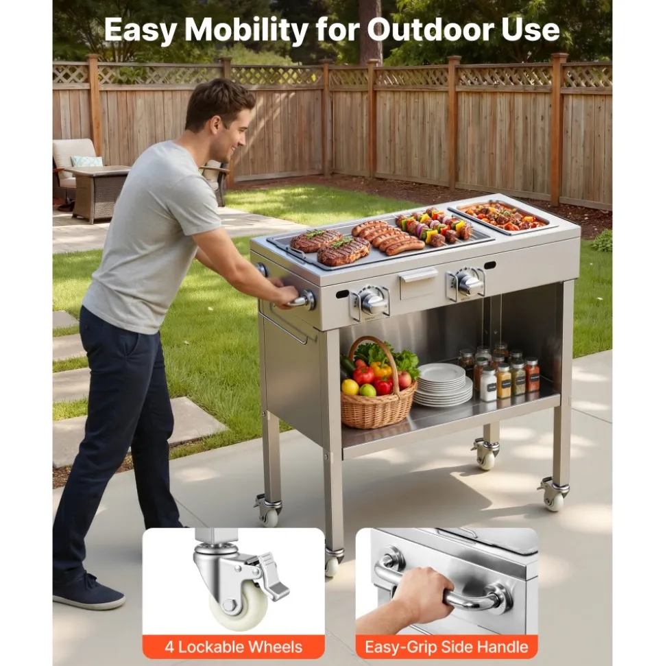 VEVOR Outdoor Propane Griddle, 2 Burners (11,600 BTU Each), Commercial Stainless Steel Gas Griddle Cart with 4 Lockable Wheels, 1/3 Food Pan, Easy-Grip Side Handle, Ideal for Hot Dogs, Burgers & Meats