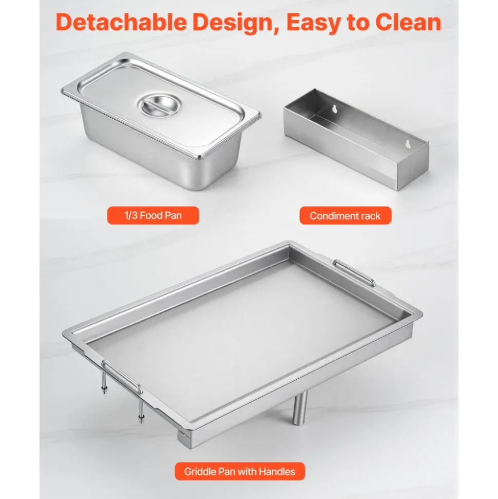 VEVOR Outdoor Propane Griddle, 2 Burners (11,600 BTU Each), Commercial Stainless Steel Gas Griddle Cart with 4 Lockable Wheels, 1/3 Food Pan, Easy-Grip Side Handle, Ideal for Hot Dogs, Burgers & Meats