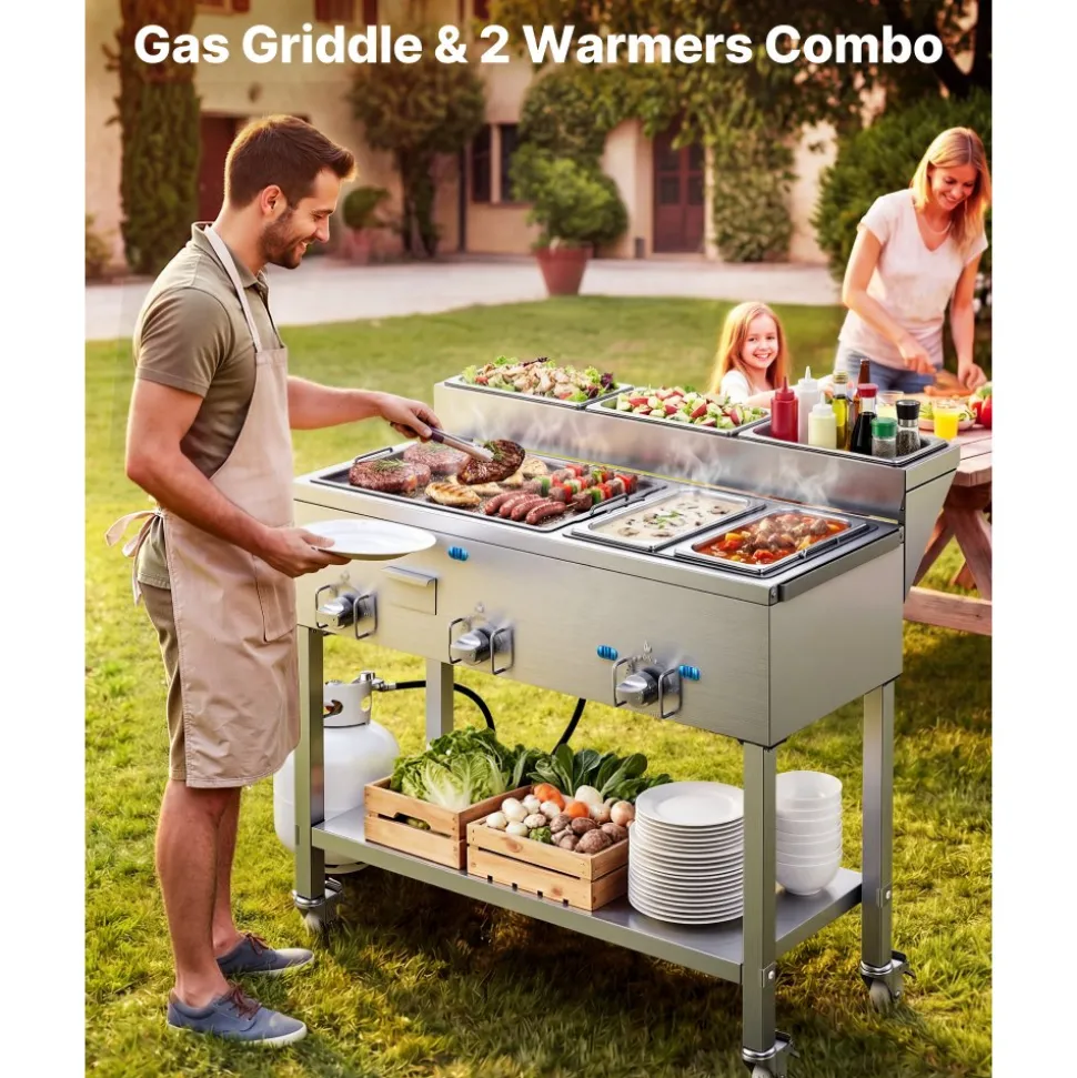 VEVOR Outdoor Propane Griddle, 3 Burners (11,600 BTU Each), Commercial Stainless Steel Griddle with Two 1/3 Size Food Warming Pans, Portable Cart with 4 Lockable Wheels, for Hot Dogs, Burgers & Meats