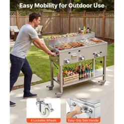 VEVOR Outdoor Propane Griddle, 3 Burners (11,600 BTU Each), Commercial Stainless Steel Griddle with Two 1/3 Size Food Warming Pans, Portable Cart with 4 Lockable Wheels, for Hot Dogs, Burgers & Meats