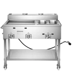 VEVOR Outdoor Propane Griddle, 3 Burners (11,600 BTU Each), Commercial Stainless Steel Griddle with Two 1/3 Size Food Warming Pans, Portable Cart with 4 Lockable Wheels, for Hot Dogs, Burgers & Meats