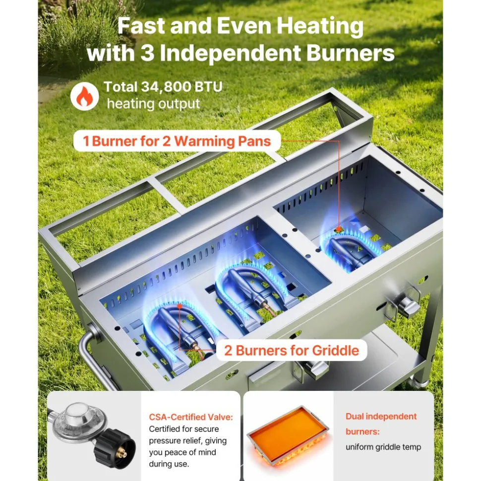VEVOR Outdoor Propane Griddle, 3 Burners (11,600 BTU Each), Commercial Stainless Steel Griddle with Two 1/3 Size Food Warming Pans, Portable Cart with 4 Lockable Wheels, for Hot Dogs, Burgers & Meats