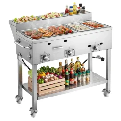 VEVOR Outdoor Propane Griddle, 3 Burners (11,600 BTU Each), Commercial Stainless Steel Griddle with Two 1/3 Size Food Warming Pans, Portable Cart with 4 Lockable Wheels, for Hot Dogs, Burgers & Meats