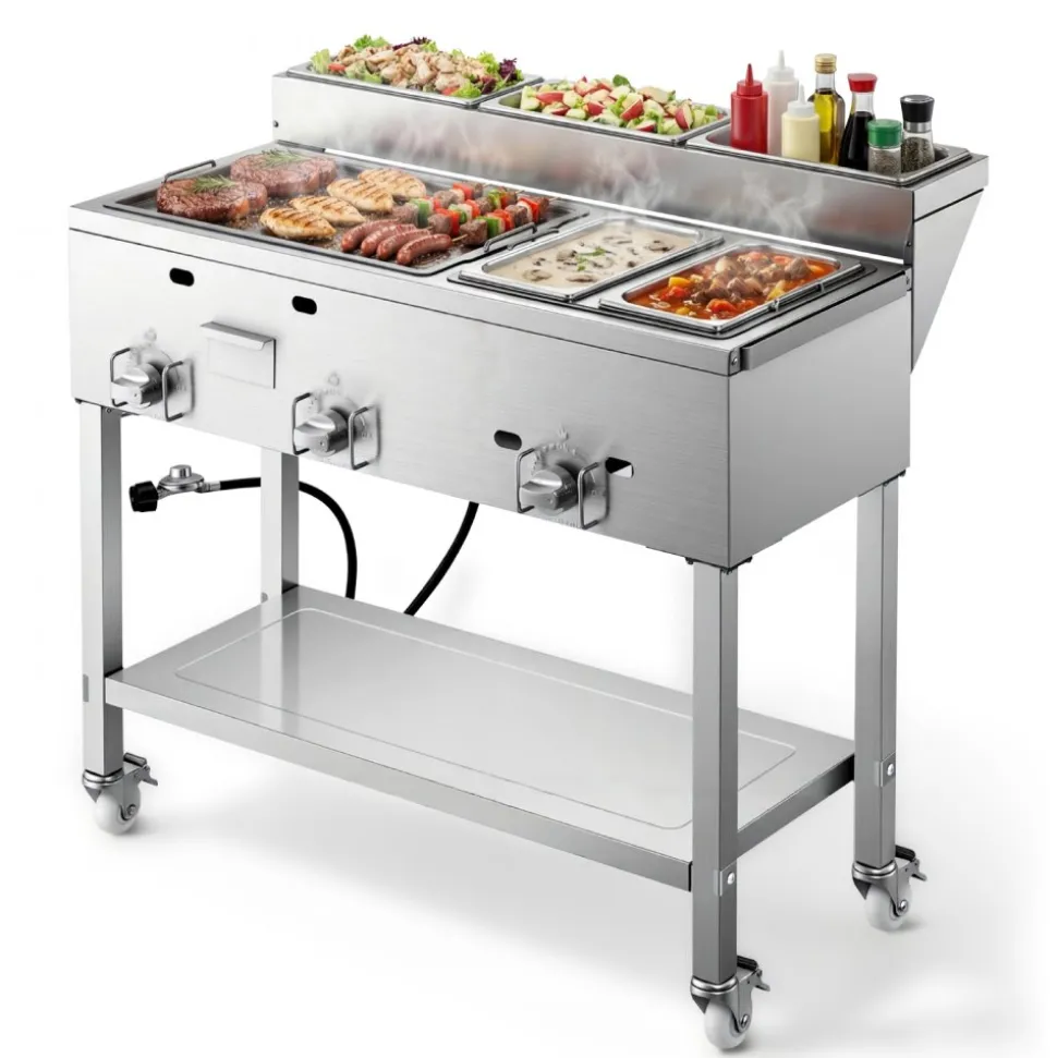 VEVOR Outdoor Propane Griddle, 3 Burners (11,600 BTU Each), Commercial Stainless Steel Griddle with Two 1/3 Size Food Warming Pans, Portable Cart with 4 Lockable Wheels, for Hot Dogs, Burgers & Meats
