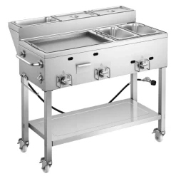 VEVOR Outdoor Propane Griddle, 3 Burners (11,600 BTU Each), Commercial Stainless Steel Griddle with Two 1/3 Size Food Warming Pans, Portable Cart with 4 Lockable Wheels, for Hot Dogs, Burgers & Meats
