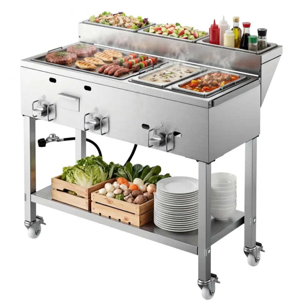 VEVOR Outdoor Propane Griddle, 3 Burners (11,600 BTU Each), Commercial Stainless Steel Griddle with Two 1/3 Size Food Warming Pans, Portable Cart with 4 Lockable Wheels, for Hot Dogs, Burgers & Meats