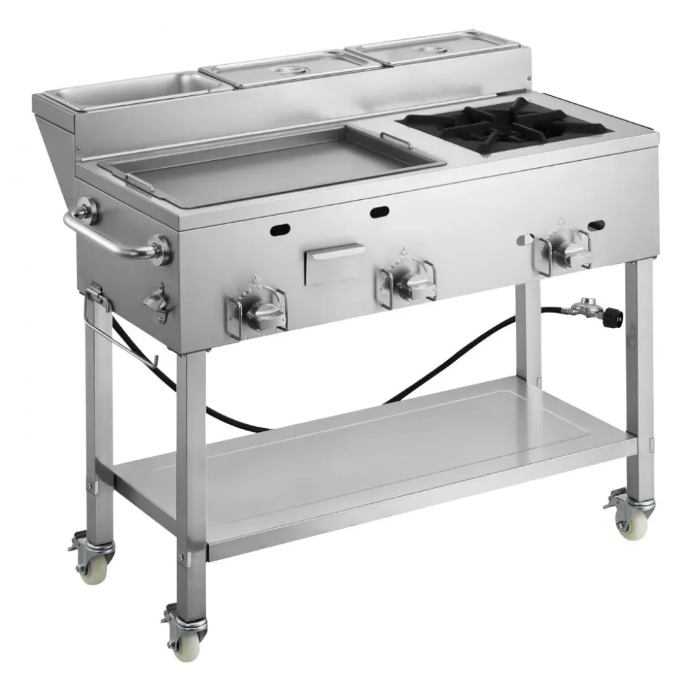 VEVOR Outdoor Propane Griddle, 3 Burners (11,600 BTU Each), Commercial Stainless Steel Griddle with Three 1/3 Size Food Pans, Portable Cart with Wheels & Gas Stove, for Hot Dogs, Burgers & Meats