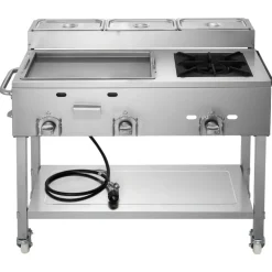 VEVOR Outdoor Propane Griddle, 3 Burners (11,600 BTU Each), Commercial Stainless Steel Griddle with Three 1/3 Size Food Pans, Portable Cart with Wheels & Gas Stove, for Hot Dogs, Burgers & Meats