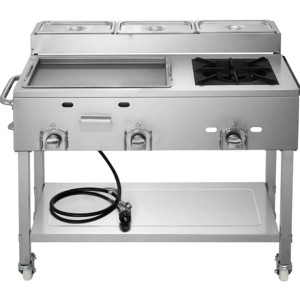 VEVOR Outdoor Propane Griddle, 3 Burners (11,600 BTU Each), Commercial Stainless Steel Griddle with Three 1/3 Size Food Pans, Portable Cart with Wheels & Gas Stove, for Hot Dogs, Burgers & Meats