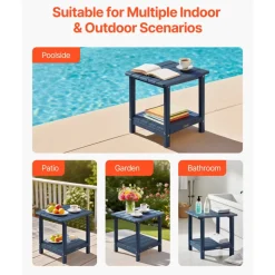 VEVOR Outdoor Side Table, 17.72W x 14.96D x 17.32H Inch, Double Layer HDPE Outside End Table for Easy Maintenance, Withstand Harsh Weather, Fit for Patio, Pool, Beach, Porch, Indoor, Backyard, Blue