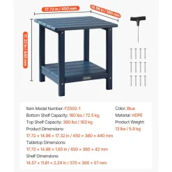 VEVOR Outdoor Side Table, 17.72W x 14.96D x 17.32H Inch, Double Layer HDPE Outside End Table for Easy Maintenance, Withstand Harsh Weather, Fit for Patio, Pool, Beach, Porch, Indoor, Backyard, Blue