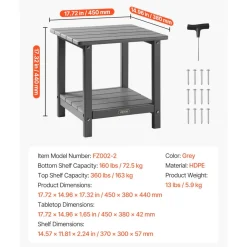 VEVOR Outdoor Side Table, 17.72W x 14.96D x 17.32H Inch, Double Layer HDPE Outside End Table for Easy Maintenance, Withstand Harsh Weather, Fit for Patio, Pool, Beach, Porch, Indoor, Backyard, Grey