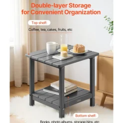 VEVOR Outdoor Side Table, 17.72W x 14.96D x 17.32H Inch, Double Layer HDPE Outside End Table for Easy Maintenance, Withstand Harsh Weather, Fit for Patio, Pool, Beach, Porch, Indoor, Backyard, Grey