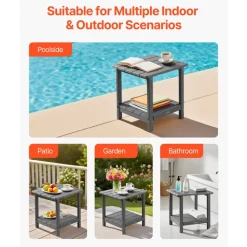 VEVOR Outdoor Side Table, 17.72W x 14.96D x 17.32H Inch, Double Layer HDPE Outside End Table for Easy Maintenance, Withstand Harsh Weather, Fit for Patio, Pool, Beach, Porch, Indoor, Backyard, Grey