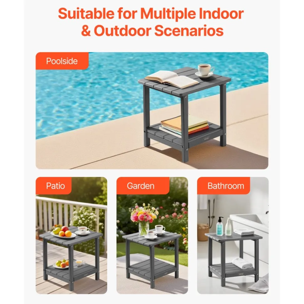 VEVOR Outdoor Side Table, 17.72W x 14.96D x 17.32H Inch, Double Layer HDPE Outside End Table for Easy Maintenance, Withstand Harsh Weather, Fit for Patio, Pool, Beach, Porch, Indoor, Backyard, Grey