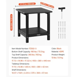 VEVOR Outdoor Side Table, 17.72W x 14.96D x 17.32H Inch, Double Layer HDPE Outside End Table for Easy Maintenance, Withstand Harsh Weather, Fit for Patio, Pool, Beach, Porch, Indoor, Backyard, Black