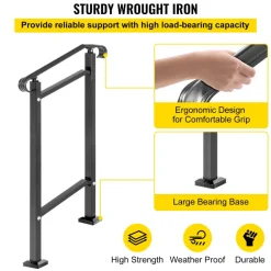VEVOR Outdoor Stair Railing, Fit 1 or 2 Steps Wrought Iron Handrail, Adjustable Front Porch Hand Railings, Black Transitional Hand Rail for Concrete Steps or Wooden Stairs with Installation Kit