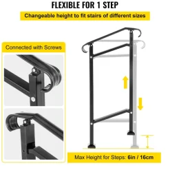 VEVOR Outdoor Stair Railing, Fit 1 or 2 Steps Wrought Iron Handrail, Adjustable Front Porch Hand Railings, Black Transitional Hand Rail for Concrete Steps or Wooden Stairs with Installation Kit