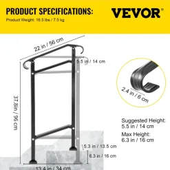VEVOR Outdoor Stair Railing, Fit 1 or 2 Steps Wrought Iron Handrail, Adjustable Front Porch Hand Railings, Black Transitional Hand Rail for Concrete Steps or Wooden Stairs with Installation Kit