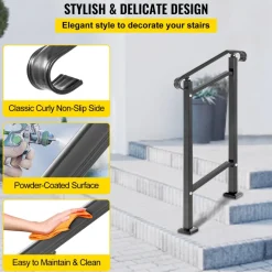 VEVOR Outdoor Stair Railing, Fit 1 or 2 Steps Wrought Iron Handrail, Adjustable Front Porch Hand Railings, Black Transitional Hand Rail for Concrete Steps or Wooden Stairs with Installation Kit