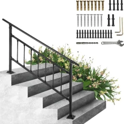 VEVOR Outdoor Stair Railing, Fits for 1-5 Steps Transitional Wrought Iron Handrail, Adjustable Exterior Stair Railing with Fence, Handrails for Concrete Steps with Installation Kit, Matte Black