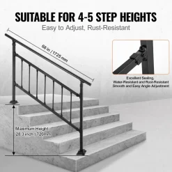 VEVOR Outdoor Stair Railing, Fits for 1-5 Steps Transitional Wrought Iron Handrail, Adjustable Exterior Stair Railing with Fence, Handrails for Concrete Steps with Installation Kit, Matte Black