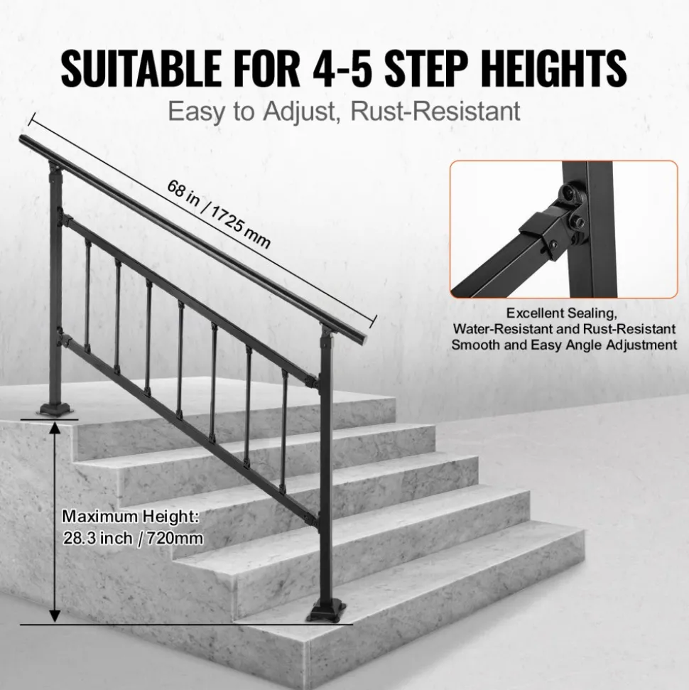 VEVOR Outdoor Stair Railing, Fits for 1-5 Steps Transitional Wrought Iron Handrail, Adjustable Exterior Stair Railing with Fence, Handrails for Concrete Steps with Installation Kit, Matte Black