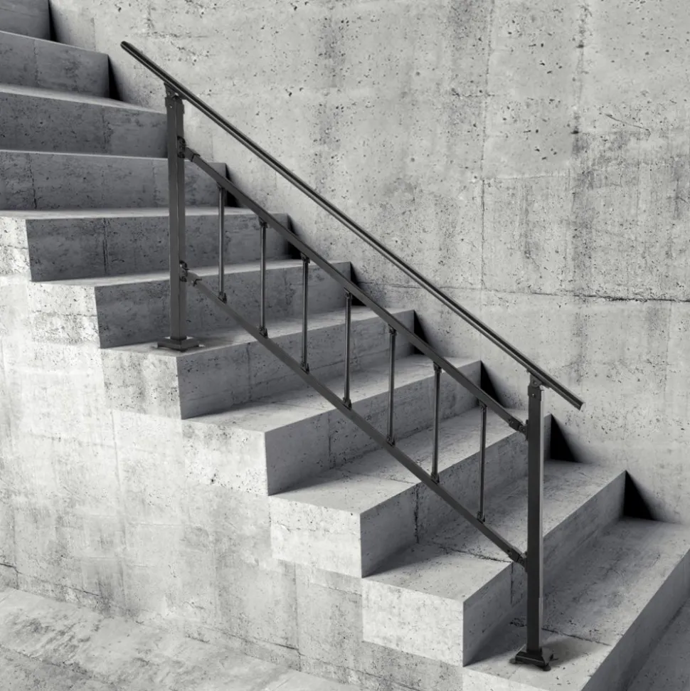 VEVOR Outdoor Stair Railing, Fits for 1-5 Steps Transitional Wrought Iron Handrail, Adjustable Exterior Stair Railing with Fence, Handrails for Concrete Steps with Installation Kit, Matte Black