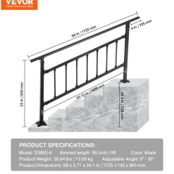 VEVOR Outdoor Stair Railing, Fits for 1-5 Steps Transitional Wrought Iron Handrail, Adjustable Exterior Stair Railing with Fence, Handrails for Concrete Steps with Installation Kit, Matte Black